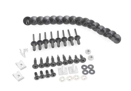 Kit de tornillos fijación parachoques delantero OEM 51112293997 para BMW E46. Incluye grapas, tornillos, tuercas, arandelas y accesorios completos. Original BMW.