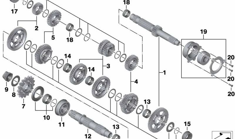 Conjunto de roda dentada 3ª/4ª marcha OEM 23009443038 para BMW Motorrad S 1000 R, S 1000 XR... e muito mais. Originais BMW Motorrad.