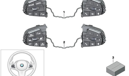Interruptor para volante multifunción OEM 61315A587A5 para BMW F40, F44, G42, G20, G21, G28, G80, G22, G23, G26, G82, G83, F90, G30, G31, G38, G32, F91, F92, F93, G14, G15, G16, G01, G08, F97, G02, F98, G05, F95, G06, F96, G07, G29. Original BMW.