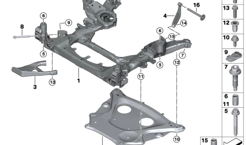 Soporte delantero de subchasis OEM 31108091162 para BMW X5 F95 y X6 F96. Original BMW.