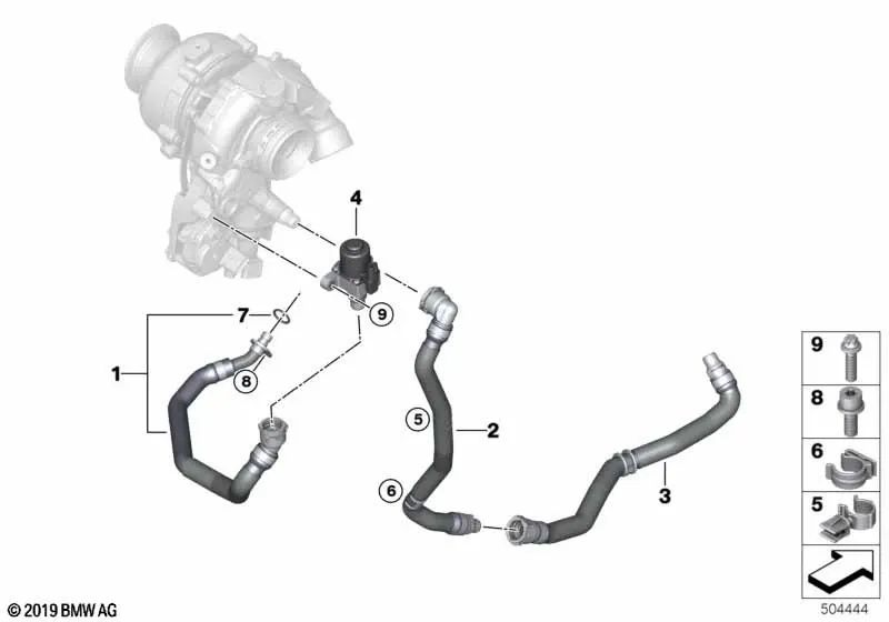 Tubería de bomba de líquido refrigerante cárter cigüeñal OEM 11538580565 para BMW X1 F48, X2 F39... y más. Original BMW.