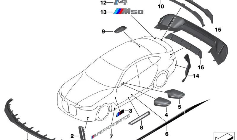 Grade lateral esquerda M Performance OEM 51118081685 para BMW 4 G26, G26E, G26F, G26N. Peça original da BMW. Ideal para melhorar a estética e a aerodinâmica.
