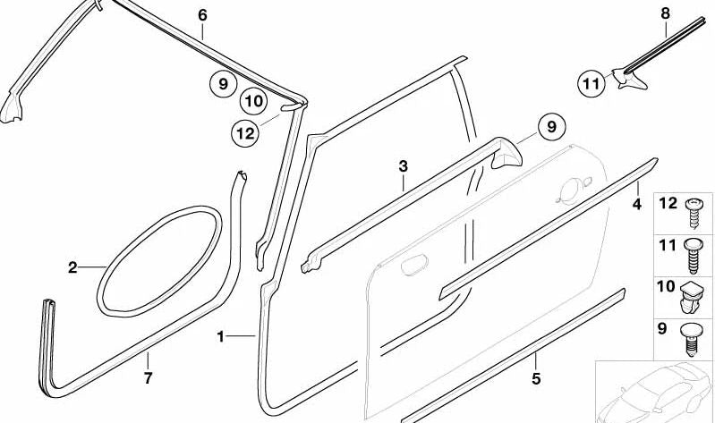 Junta goma puerta delantera OEM 51337050534 para MINI R50, R52, R53. Compatible con versiones One y Cooper de 2001 a 2006. Original MINI.