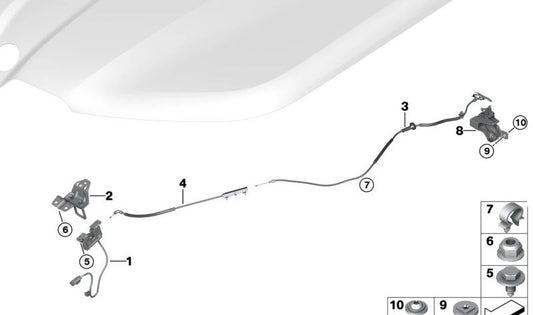 Cabo de abertura do capô frontal OEM 51238737212 para BMW I20 {M60, IX XDRIVE50, XDRIVE40} (tudo de 2021 a 2025). BMW original.