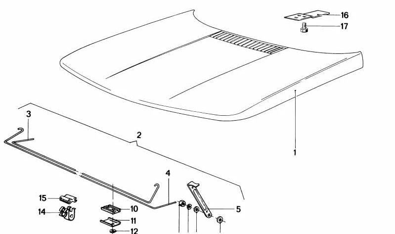 OEM 41611832853 Guide de fermeture de crochet pour la série BMW 3 E21 et la série 5 E12. Compatible avec les modèles de capuche avant 410411, 410412, 410413, 410414, 410441, 410442. Pièce BMW originale.