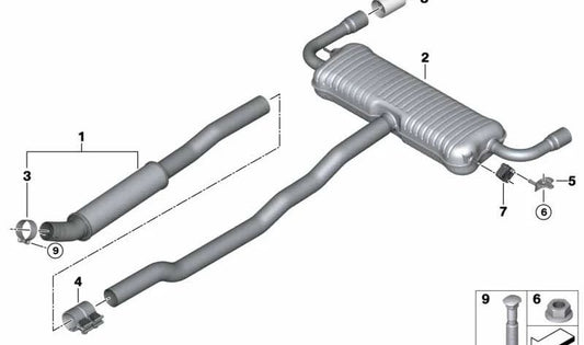 Silenziatore anteriore OEM 18308627213 per BMW F40, F44, F45, F46. Compatibile con modelli 120i e 220i. Parte del sistema BMW Escape originale.