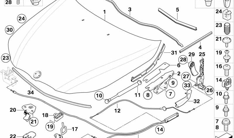 Spherical bolt m8x24 OEM 07147114948 for BMW E60 520d. Compatible with E60 520d models (2005–2008) with M47S engine. Original BMW piece. Ideal for hood fixing or front parts of the vehicle.