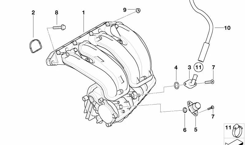 Codo de admisión OEM 11617515728 para BMW E46 {316Ci, 316i, 316ti} con motores N40 y N45. Compatible con modelos entre 2002 y 2006. Original BMW.