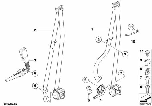 Cinturón de seguridad inferior con tensor derecho OEM 72117295964 para BMW X5 E70, X5 E70 LCI, X6 E71, X6 E72 Hybrid. Original BMW.