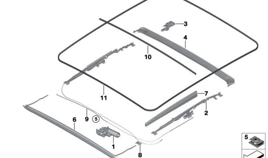 Resorte deflector de viento OEM 54104A0DFA8 para BMW G21, G21N, G28, G28N con techo panorámico o techo solar. Pieza original BMW.