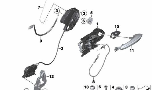 Cerradura completa derecha OEM 51225A36E52 para BMW F06 y F06N. Pieza original BMW.