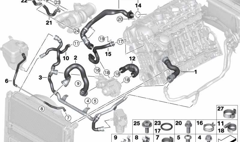 Tubería de retorno calefacción-termostato OEM 17127599459 para BMW E90, E91, E92, E93. Original BMW.