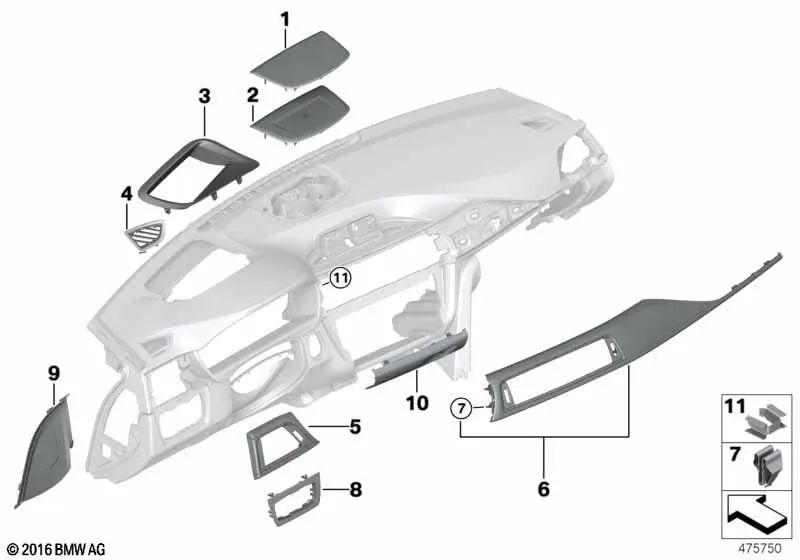 Panel inferior de la consola central para BMW F32, F33, F36 (OEM 51456820215). Original BMW