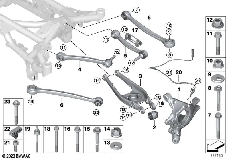Braço transversal com rolamento inferior de borracha OEM 33322284534 para BMW M2, M3, M4, F87, G80, G82... e muito mais. BMW genuíno.