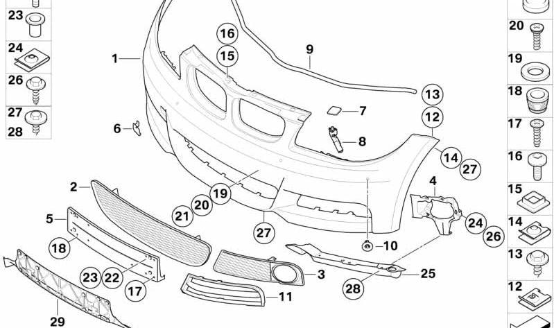 Paragolpes delantero imprimado OEM 51118057507 para BMW E82, E88. Compatible con sensores de aparcamiento (PDC). Recambio original BMW.