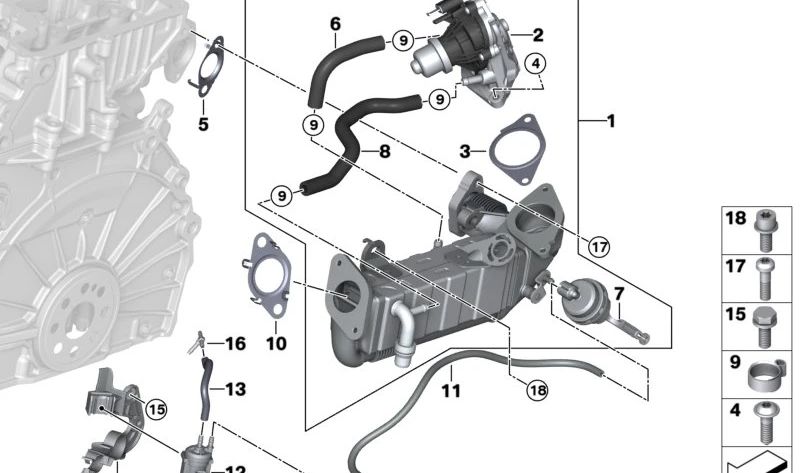 Enfriador de gases de escape OEM 11718599834 para BMW F40 (116d), F44/F45/F46 (216d), X1 F48 (sDrive16d). Original BMW.