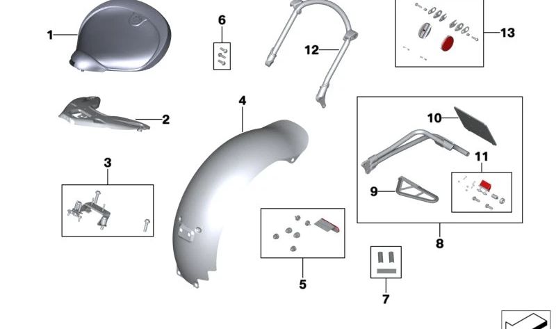 Juego de montaje de guardabarros trasero OEM 77315A677F0 para motos BMW R 18, R 18 Classic (K34). Original BMW Motorrad.