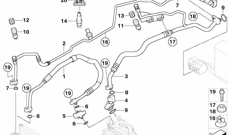 Tubería de presión compresor a condensador OEM 64536927828 para BMW E60, E61, E63, E64. Original BMW.