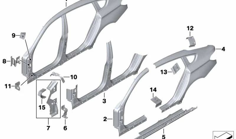 Soporte lateral de carrocería OEM 41217111355 para BMW E60, E61, F07, F10, F11, F18, F06, F12, F13, F01, F02, F04, F15, F85, F16, F86. Original BMW.