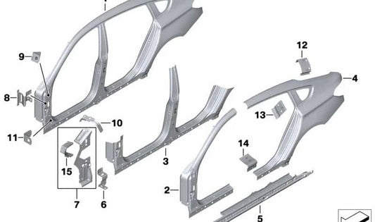 Side body support OEM 41217111355 for BMW E60, E61, F07, F10, F11, F18, F06, F12, F13, F01, F02, F04, F15, F85, F16, F86. Original BMW.