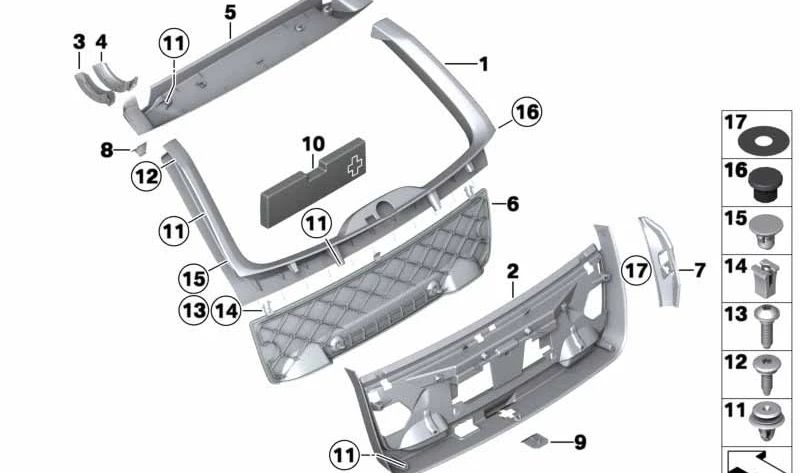 Involta la copertura della chiusura del trunk OEM 51247266423 per BMW F11 (5 serie Touring). Everest Grey Color. BMW originale BMW.