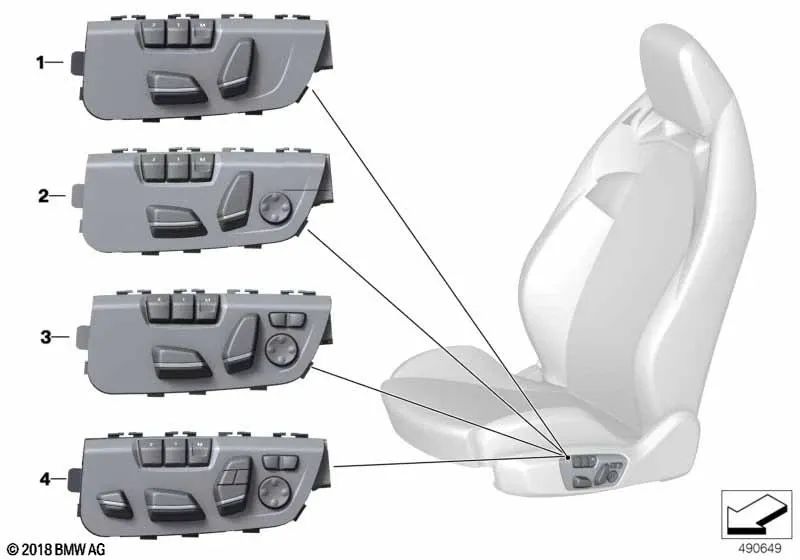 Sitzschalter mit Treiberspeicher für BMW 1 F20 -Serie, F21, F52, Serie 2 F22, F45, F46, 3 F30, F31, F34, F35, F80, Serie 4 F32, F33, F36, F82, F83, X1 F48 , F49, X2 F39, X3 F25, X4 F26 (OEM 61319359835). Original BMW.