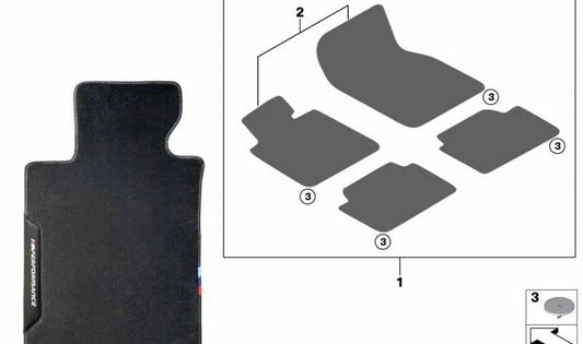 Alfombrillas M Performance OEM 51472465179 para BMW F87 (M2). Diseño deportivo, lado derecho (volante a la derecha). Original BMW.