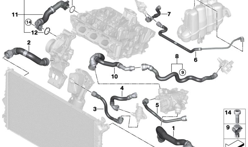 OEM 17125A0C5A5 water pump hose for BMW F70, U06, U11, U12, U10, F65, F66, U25. Original BMW.