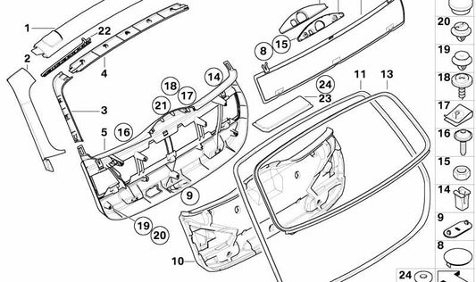 Tapa embellecedora interior de tirador OEM 51497164898 para BMW E91 316d, 316i, 318d. Color gris. Compatible con modelos de 2008 a 2012. Original BMW.