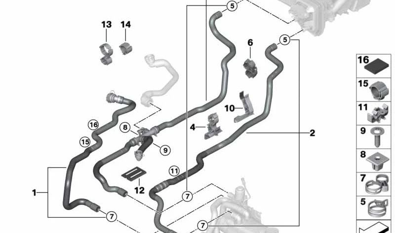 Coolant Pipe Inlet 1 for BMW 5 Series G30, G31, 6 Series G32, 7 Series G11N, 8 Series G14 (OEM 64216821258). Original BMW.