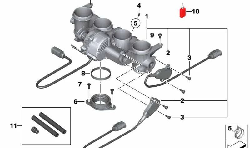 Cuerpo de mariposa OEM 13548521753 para BMW Motorrad SK42 (HP4) y SK46 (S 1000 RR). Compatible con modelos fabricados entre 2011 y 2014. Repuesto original BMW Motorrad.