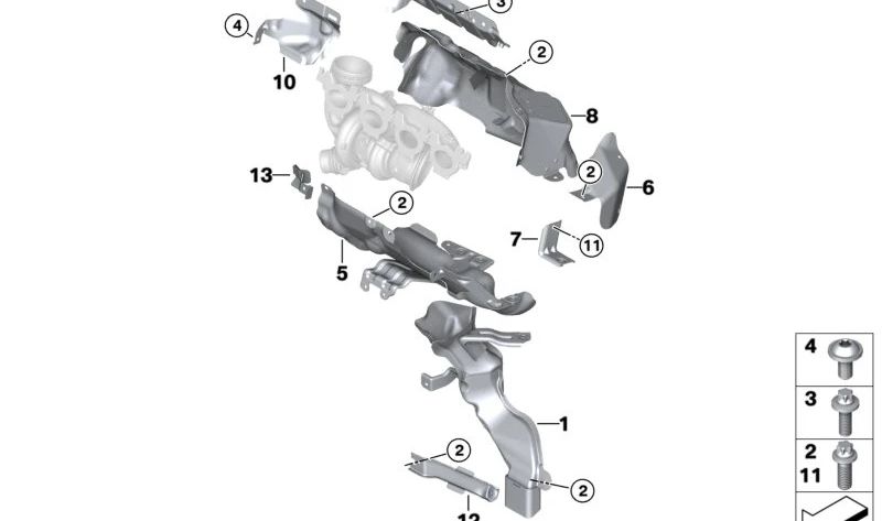 Chapa protectora de calor para colector escape OEM 11655A7DB85 para BMW F40, F52, F44, F45N, F46N, F48, F48N, F49N, F39 y MINI F54N, F55, F55N, F56, F56N, F57, F57N, F60, F60N. Original BMW y MINI.