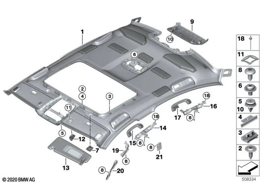 Visiera parasole destra in Alcantara OEM 51168068840 per BMW Serie 5 F90 M5, G30, G30 LCI. BMW originale.