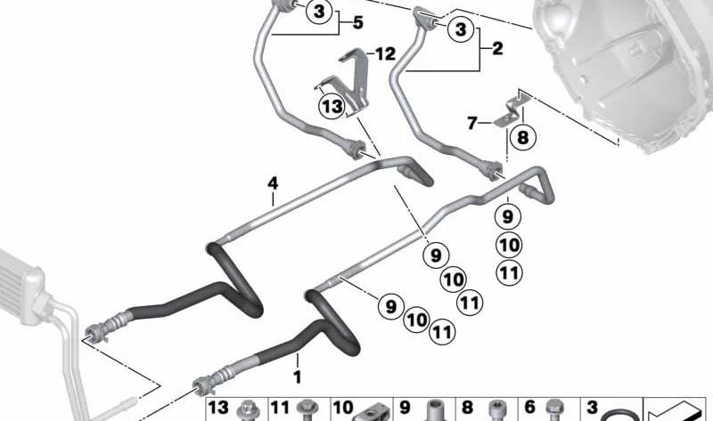 Tubo de retorno del radiador de aceite OEM 17222284219 para BMW F10 M5, F06 M6, F12 M6, F13 M6. Compatible solo con motores S63T. Original BMW.