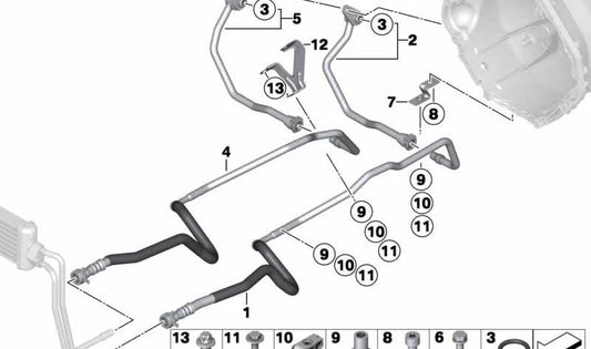 Tubería del radiador de aceite OEM 17222284218 para BMW F10, F06, F12, F13. Original BMW.