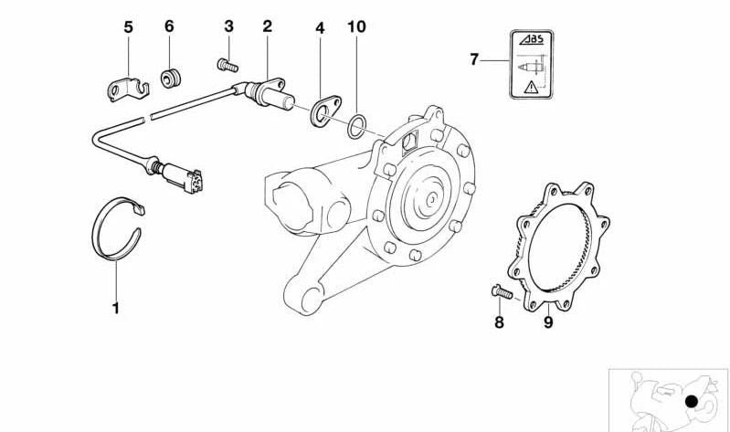 Sensor de velocidad de rueda trasera OEM 34527675199 para BMW Motorrad R259CR 1200 C {0309, 0329, 0362}. Original BMW Motorrad.