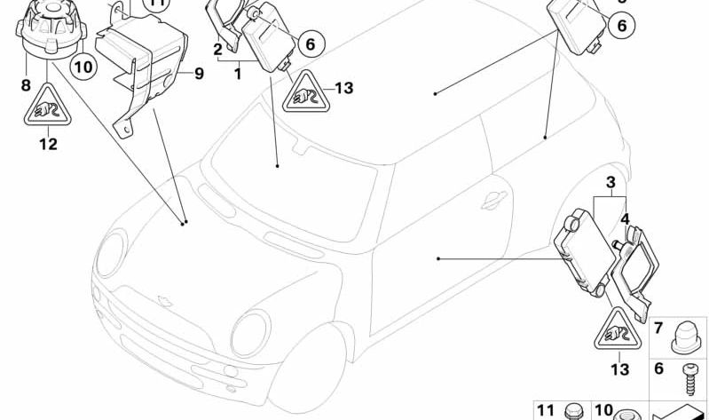 Sensor interior trasero OEM 65756949229 para MINI R52 (Cooper, Cooper S, One) modelos entre 2004 y 2008. Parte del sistema de alarma antirrobo. Original MINI.