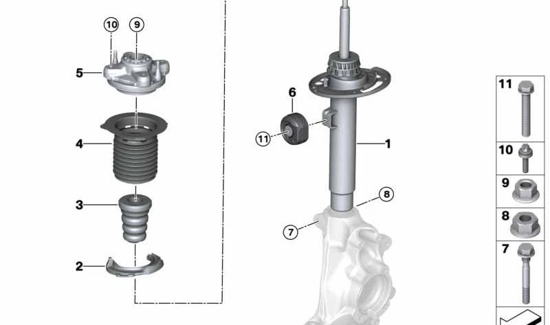 Right front shock absorber OEM 31316888488 for BMW 3 G20: 316D, 318D, 318i (several engines and transmissions). Compatible from 2019 to 2027. Original BMW replacement.