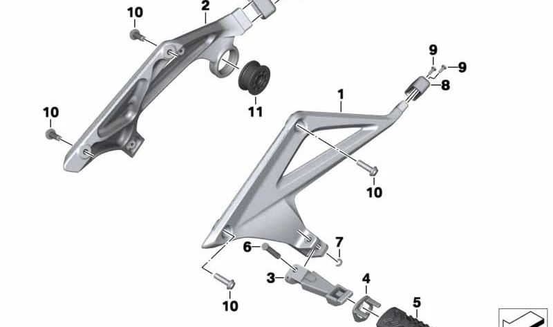 Placa reposapiés trasero derecho OEM 46718534790 para motos BMW R 1200 RT, R 1250 RT. Original BMW Motorrad.