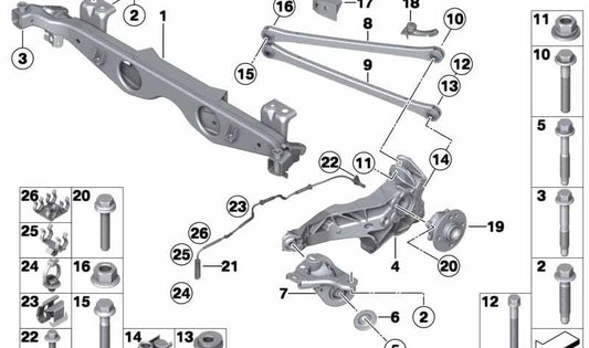 Brazo longitudinal trasero izquierdo OEM 33306858457 para MINI R56 LCI, Cooper S JCW, JCW GP2... y más. Original MINI.
