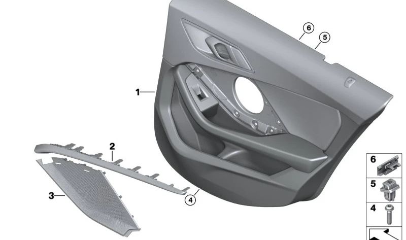 Panel interior puerta trasera derecha OEM 51429418330 para BMW F44 (218i, 216d, 218d, 216i). Compatible con cajas manuales y automáticas. Color negro. Original BMW.