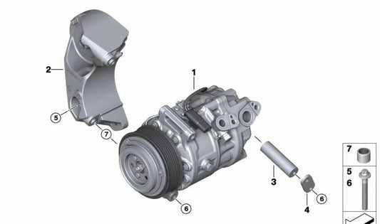 Air conditioning compressor with magnetic clutch OEM 64525A58A52 for BMW F90, G30, G31, G11, G12, G70, F91, F92, F93, G14, G15, G16, G05, F95, G06, F96, G07. Original BMW.