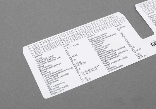 OEM Front Fuse Kit Label 71236929377 for BMW 3 Series E46, Models 316i, 318i. Genuine BMW.