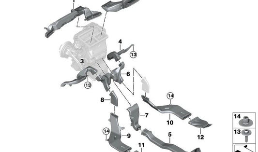Canal de aire calefacción trasero izquierdo OEM 51477298807 para BMW F40, F70, F44, F45, F46, U06, F74, F78, F48, U11, U12, F39, U10, F55, F56, F57, F54, F60, U25. Original BMW.