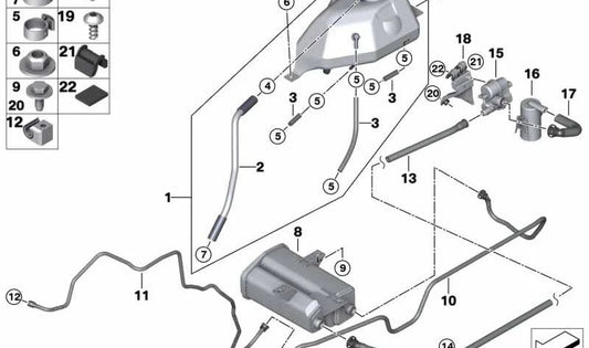 TORX SCREW WITH WASHER OEM 16137224837 FOR BMW E46 AND X5 E53. Original BMW piece. Ideal for fixing components such as the expansion deposit or fuel ventilation system.
