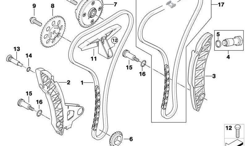 Cadena de distribución OEM 11318618317 para BMW E81, E82, E87, E88, E90, E91, E92, E93, E60, E61, F10, F11, E63, E64, F01, F02, E71, E89 y MINI R55, R56, R57, R58, R59. Original BMW y MINI.