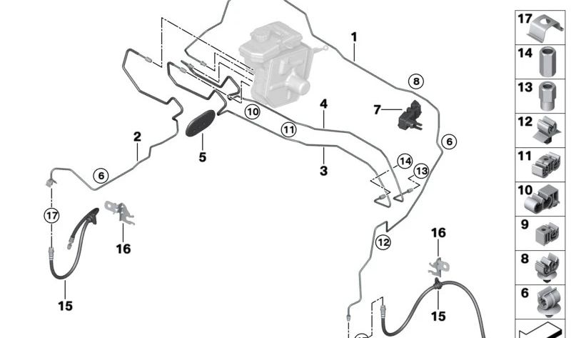 Clip doble para tuberías OEM 34326871590 para BMW G20, G21, G30, G31, F90, G32, G11, G12, G01, F97, G02, F98. Original BMW.