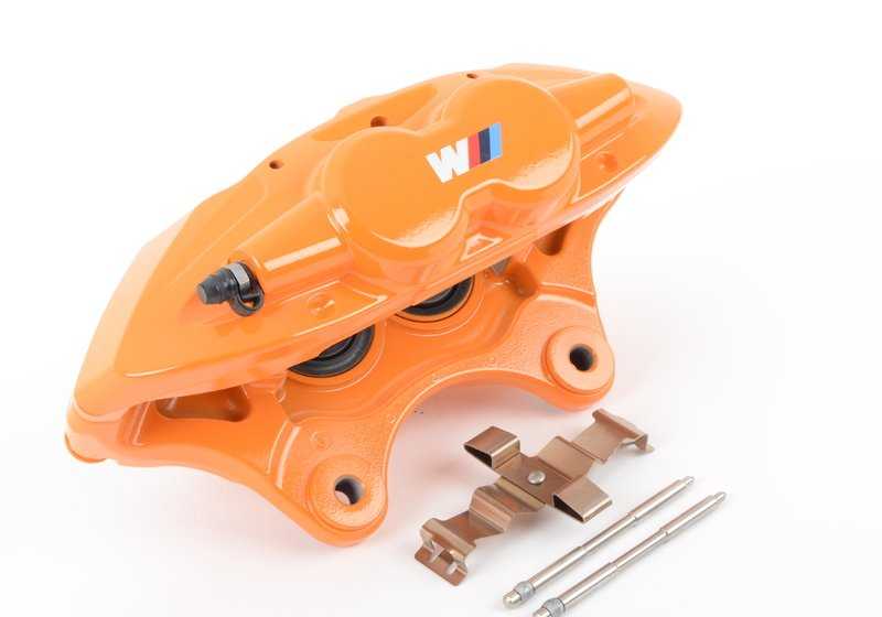 Alojamiento de pinza de freno M Performance naranja izquierdo OEM 34106875655 para BMW Serie 1 F20, F21; Serie 2 F22, F23; Serie 3 F30, F31, F34; Serie 4 F32, F33, F36... y más. Original BMW.