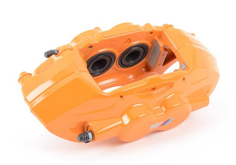 Alojamiento de pinza de freno M Performance naranja izquierdo OEM 34106875655 para BMW Serie 1 F20, F21; Serie 2 F22, F23; Serie 3 F30, F31, F34; Serie 4 F32, F33, F36... y más. Original BMW.