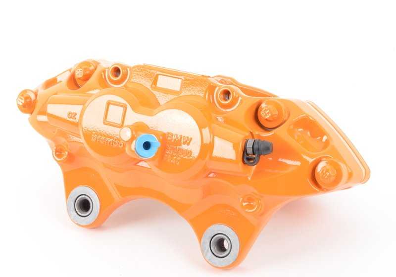Alojamiento de pinza de freno M Performance naranja izquierdo OEM 34106875655 para BMW Serie 1 F20, F21; Serie 2 F22, F23; Serie 3 F30, F31, F34; Serie 4 F32, F33, F36... y más. Original BMW.